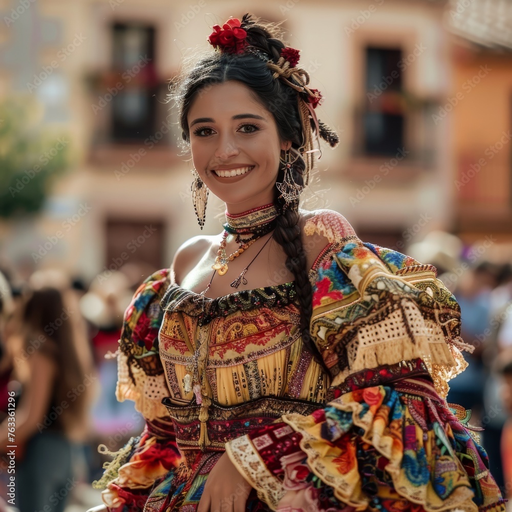A woman in a colorful dress of the Valencian community in Spain with flowers in her hair is smiling and happy