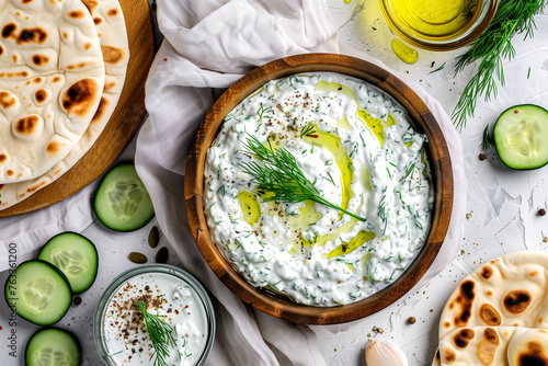 Top view of tzatziki in a wooden bowl surrounded by ingredients, perfect for culinary themes.