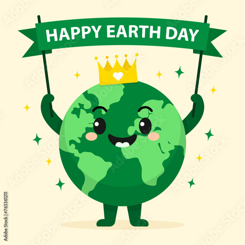 Happy Earth holding a Happy Earth Day sign. Vector illustration