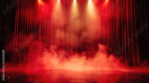 Theater stage lighting with spotlights illuminating the stage for opera performances. The stage was empty with red curtains  fog  and smoke.