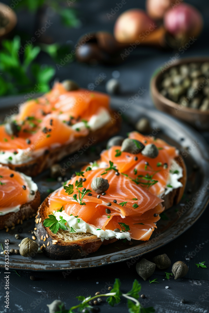 Close-up of smoked salmon toasts with capers and cream cheese, ideal for gourmet food content. Close-up of smoked salmon toasts with capers and cream cheese, ideal for gourmet food content.