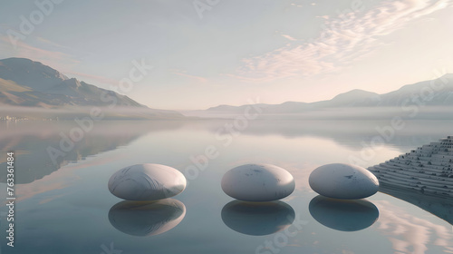Three symmetrical arrangements of white pebble stones forming balanced structures, set against a backdrop of a calm lake reflecting the beauty of the scene