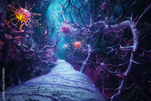 Visual journey through a neuron forest toxins as predators vibrant  photo