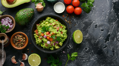 Top View Fresh Guacamole Preparation. Top view of freshly prepared guacamole with ingredients, ideal for recipe and food blogs.