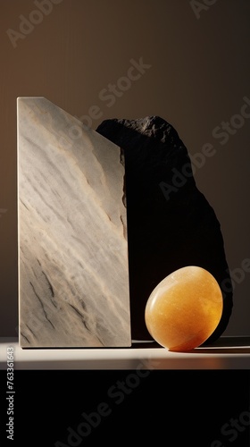 A marble block and an a round stone rest on a table for abstract aesthetic still life