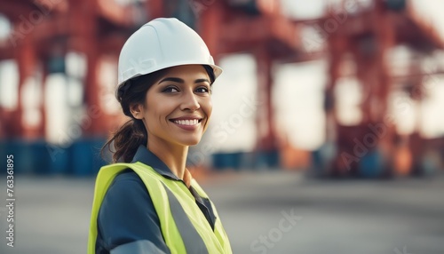 Smiling Portrait of a Beautiful Latin Female Industrial Engineer in White Hard Hat, Inspector or Safety © Adi
