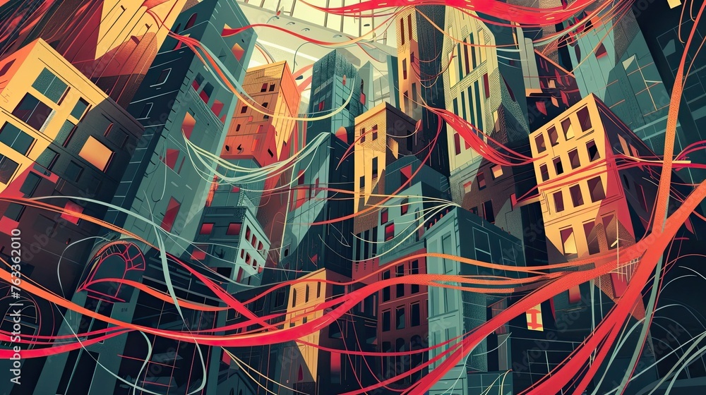Abstract illustration of a landscape of a distorted, irregular city, urban environment with deformed. distorted buildings entangled in networks, destruction, disaster, psychedelic. Generative by AI