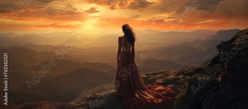 Woman in flowing gown on mountain peak admiring sunset