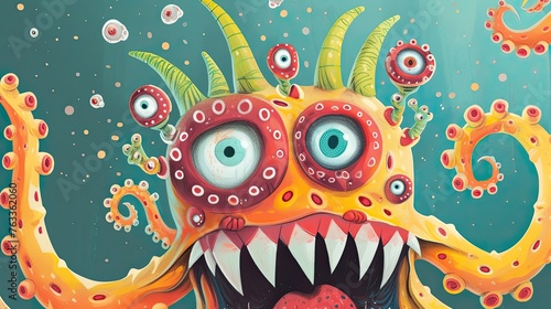 Abstract image of a fearful octopus like monster, suckers, tentacles, villi, orange, many eyes, cells. Big eyes and scary crooked teeth, sea creature, mysticism, fantasy. Generative by AI