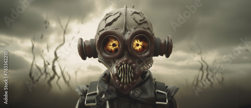 3D render of kid in gas mask nuclear explosion backdrop