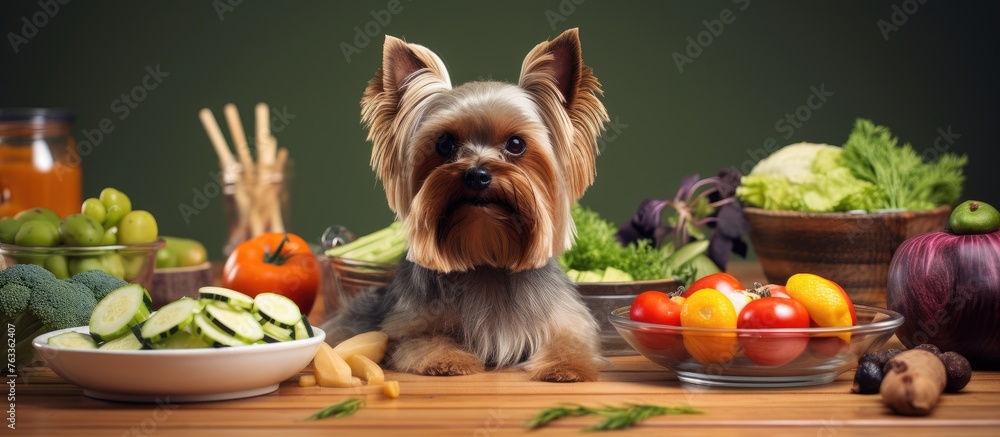 Dog on Table Surrounded by Vegetables with Veterinarian Nutritionist - obrazy, fototapety, plakaty 