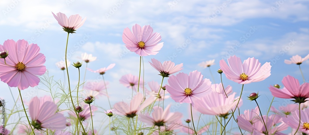 Pink flowers blooming under a blue sky