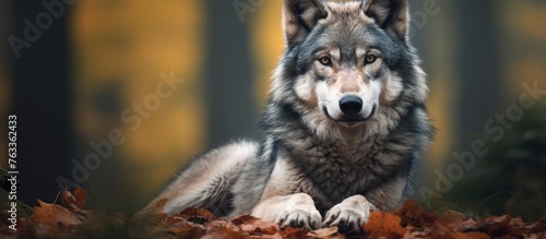 A majestic North American Grey Wolf resting in fallen foliage