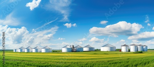 Grain silos in field under ...