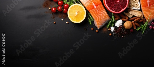 A variety of food close up with fish, vegetables, and nuts photo