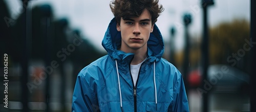 Young man posing in blue ou...