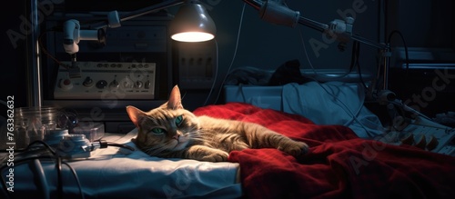A feline resting on a bed beneath a glowing lamp photo