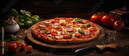 Pizza on a wooden platter with tomatoes  basil  pepperoni