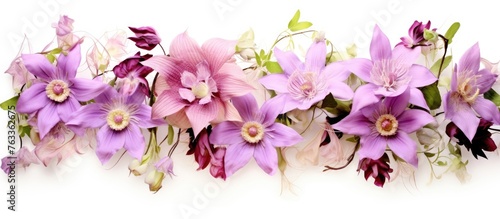 Purple flowers and green leaves arrangement on white surface
