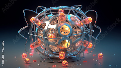 3D rendered atomic cell with energetic electrons protons