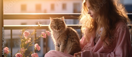 Girl playing with cat on balcony photo