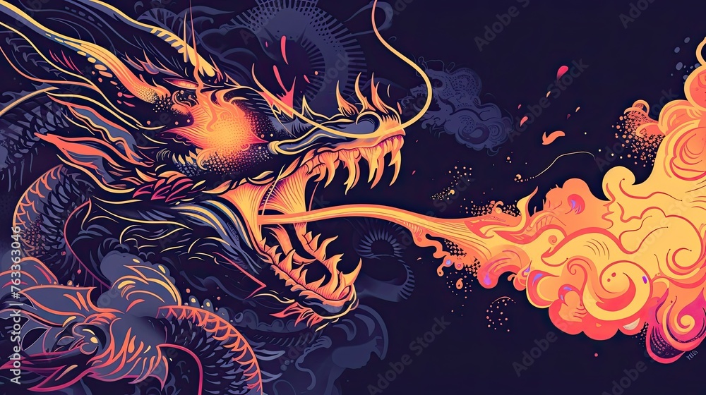 An abstract image of a black dragon spewing flame, fiery breath, mythical creature. Monster, myth, fairy tale, legend, strength, power, destruction, attack, hand drawn style. Generative by AI