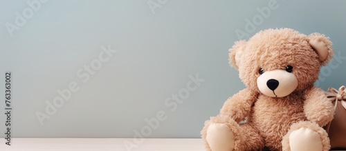 A teddy bear and bag on a table beside a person with a cute stuffed animal
