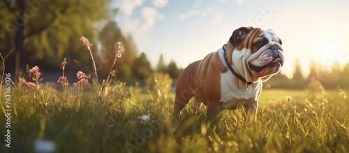Dog standing in grass with ...