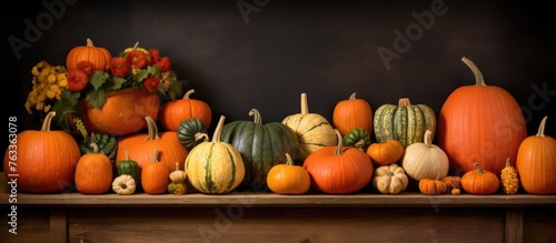 Various pumpkins and gourds displayed on a wooden shelf