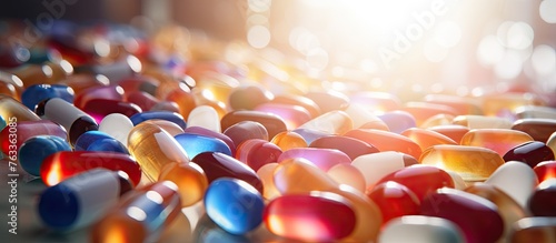 Various pills and capsules in a close-up view on a surface photo