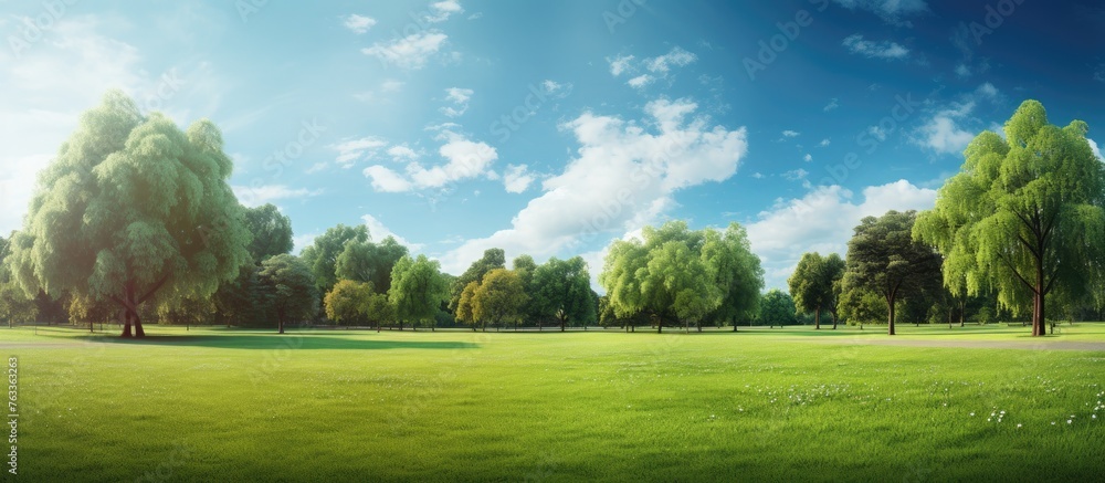 Obraz premium Beautiful sunny green park with trees under a blue sky