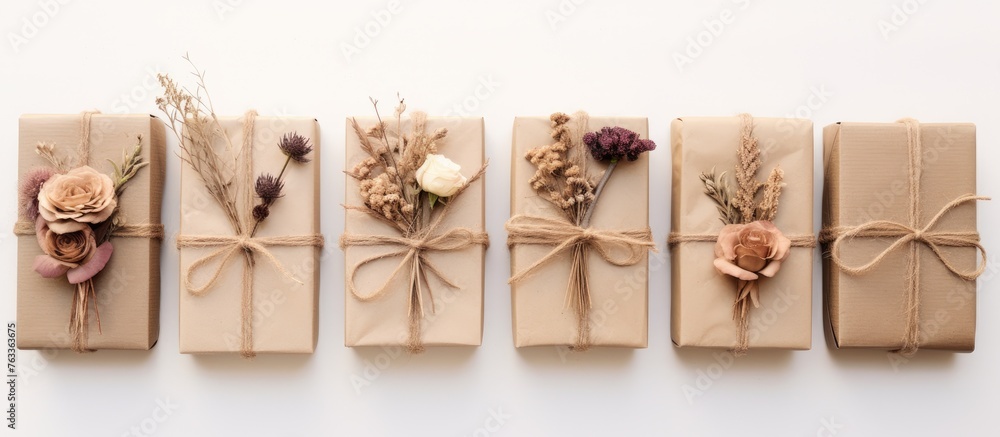 Wrapped gifts with flowers close up