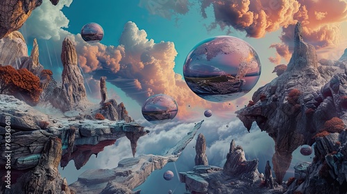 Abstract illustration of another world, bubbles, fairy tale reality with floating islands floating on the clouds. Space, clouds, parallel universe, alien civilization concept. Generative by AI photo