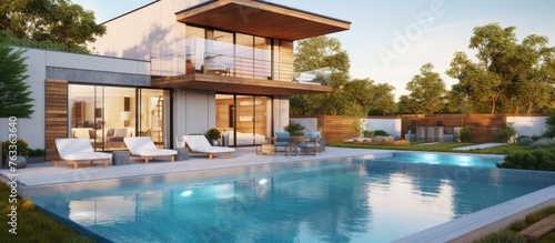A modern house featuring a pool and patio