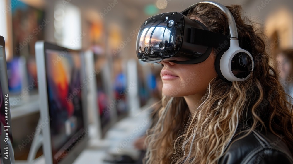 Close-up of a focused woman engaging with virtual reality, standing in front of a screen display Close-up of a focused woman engaging with virtual reality, standing in front of a screen display