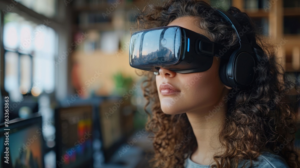 An image showcasing a woman using a VR headset, seemingly lost in the digital world it presents An image showcasing a woman using a VR headset, seemingly lost in the digital world it presents