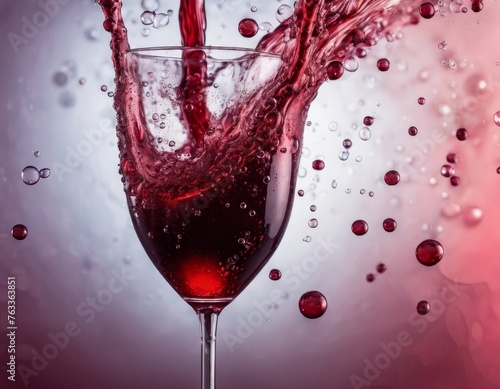 Glass of red wine on a red background with splashes. Place for text
