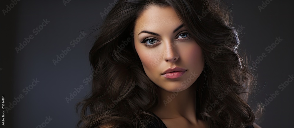 A woman in a black dress with long hair staring seductively A woman in a black dress with long hair staring seductively