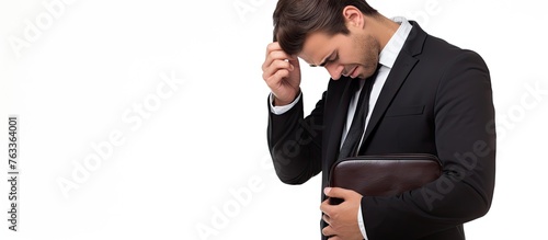 Man in Business Attire Holding Case, Looking Down photo