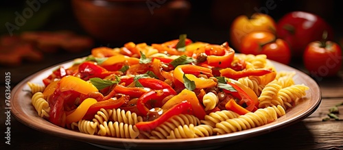 A plate of pasta with bell ...
