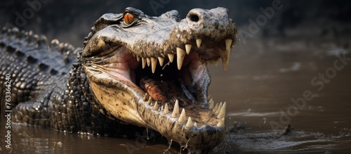 A crocodile baring teeth in murky water and open jaws in Sundarbans