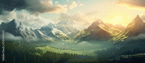 Majestic mountain range with cloudy sky over a valley