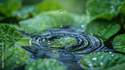 Close up and macro big drop of water falls from green leaf to wate,generative ai © Krisana