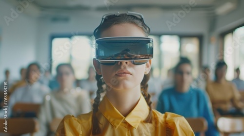 A young female stands in a lecture hall full of students, wearing a VR headset, representing the incorporation of advanced technology in education