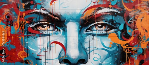 Close-up of woman's face in red and blue paint, detailed graffiti art on Venice wall