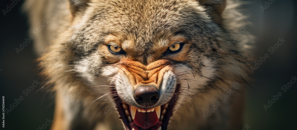 A wolf baring teeth and a fierce North American coyote close-up - obrazy, fototapety, plakaty 