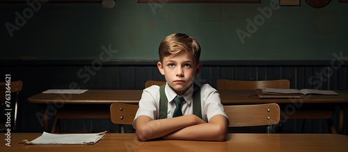 A young schoolboy sitting a...