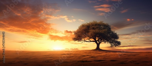 A single tree in a field during sundown