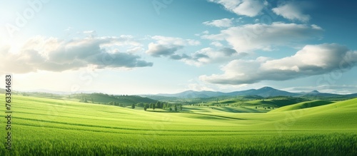 Green field with trees and hills under cloudy sky