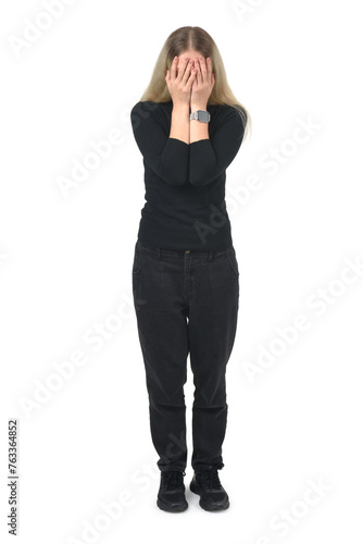 front view of a woman covering her face with her hands on white background